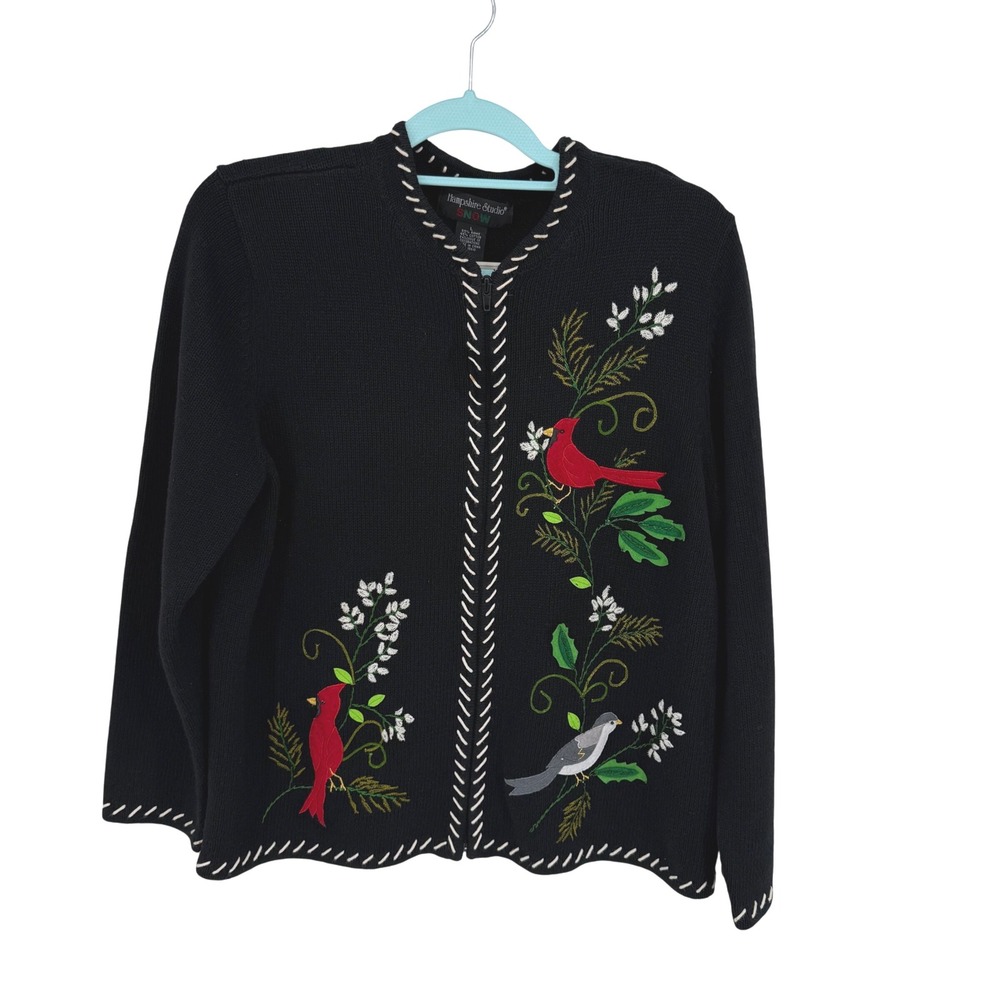 Vtg Hampshire Studio Snow Black Cardinal Embroidered Zip‎ Up Cardigan Sweater L